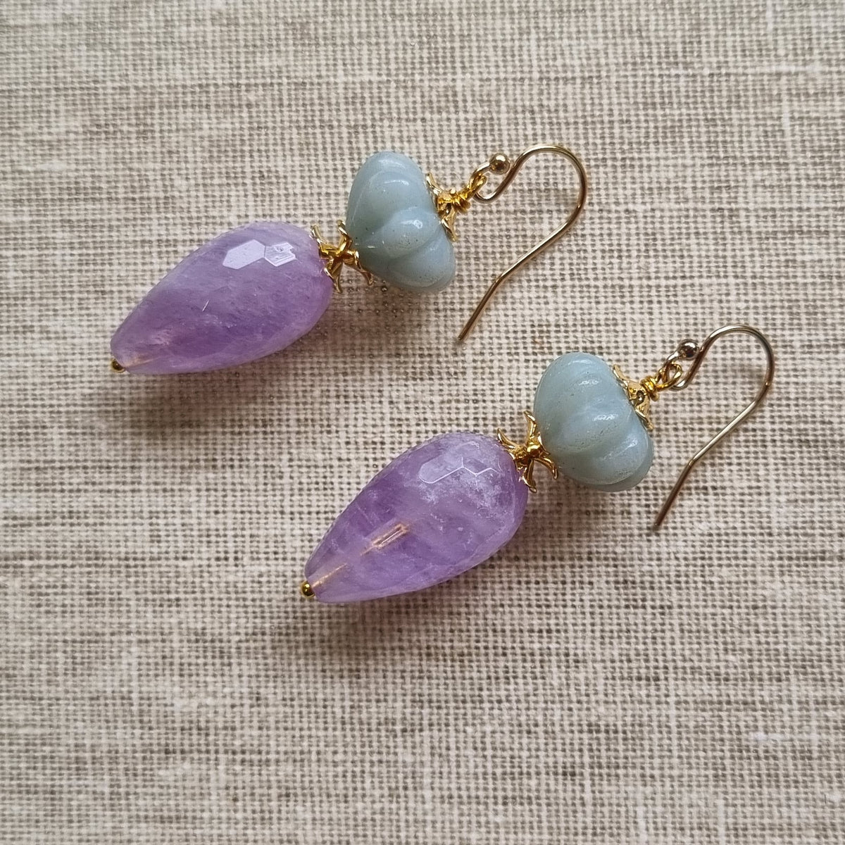 Lavender Amethyst  & Carved Amazonite Gold Earrings