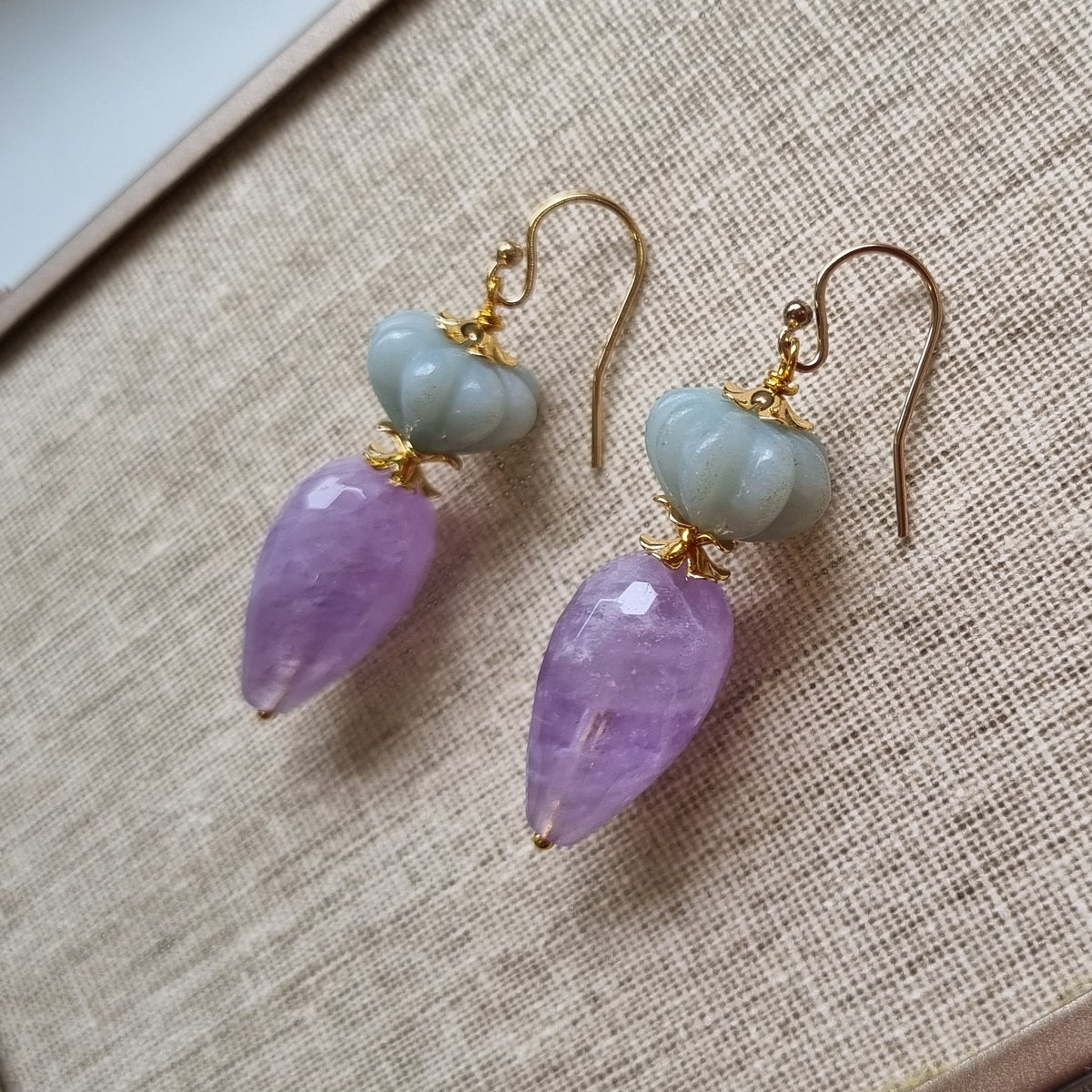 Lavender Amethyst  & Carved Amazonite Gold Earrings