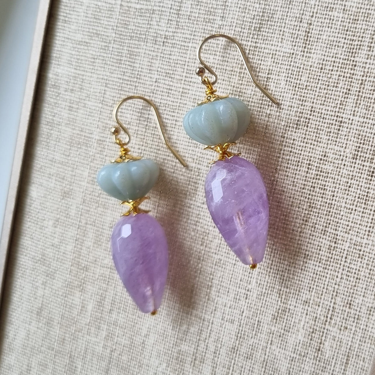 Lavender Amethyst  & Carved Amazonite Gold Earrings