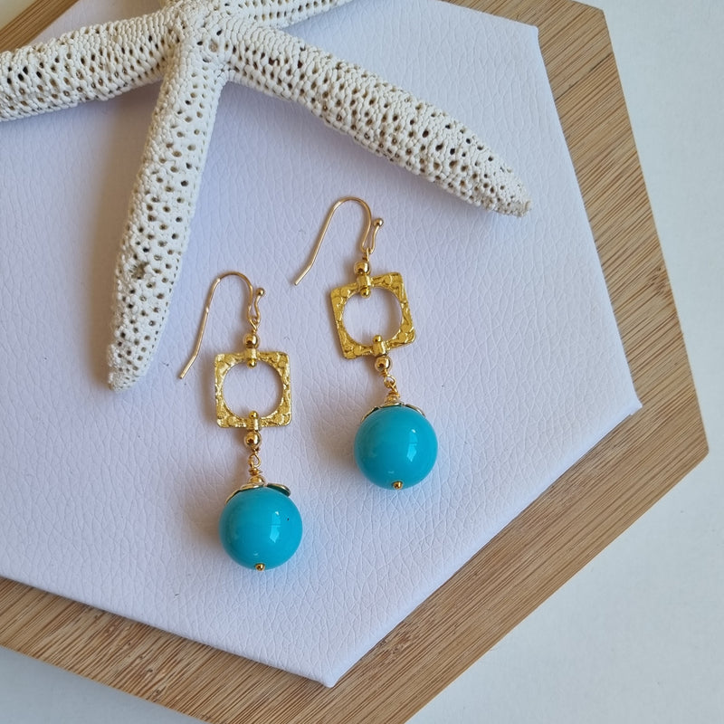 Turquoise Pearl Square Gold Earring