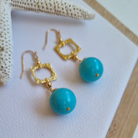 Turquoise Pearl Square Gold Earring