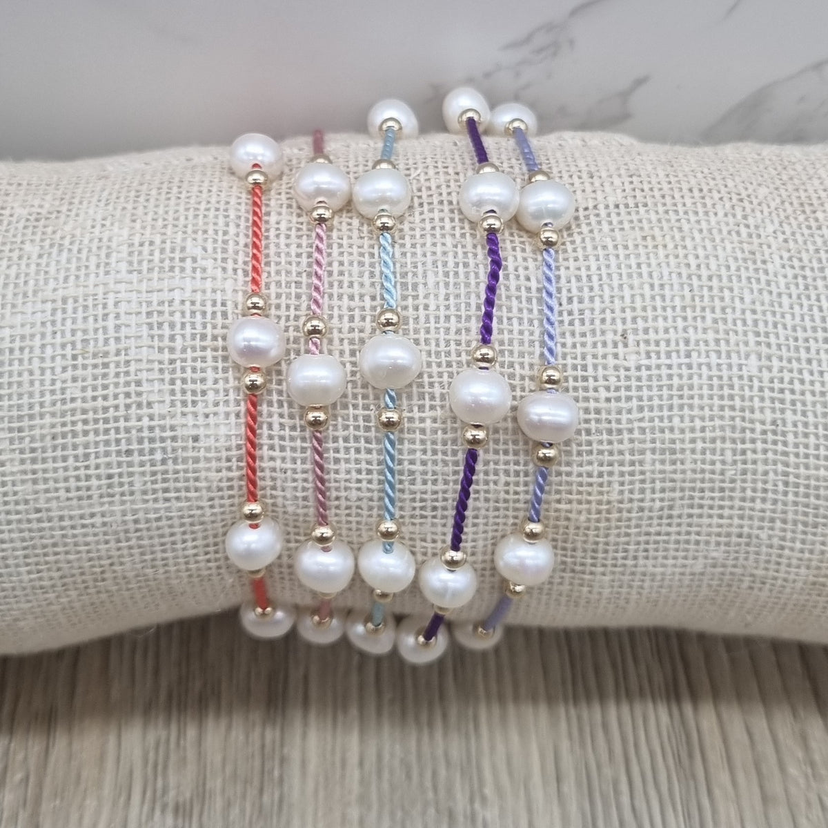 Dena Freshwater Pearl, Silk & Sterling Silver or 14k Gold Bracelet 10 COLOURS