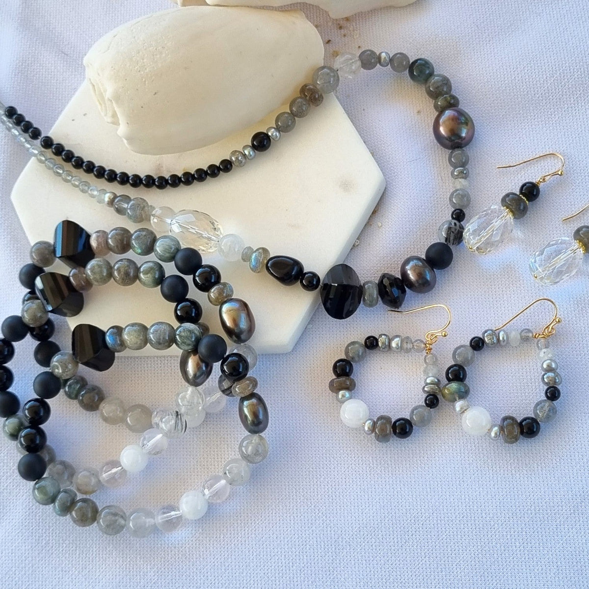 Ebon Onyx, Labradorite, Moonstone & Pearl Hoop Earrings