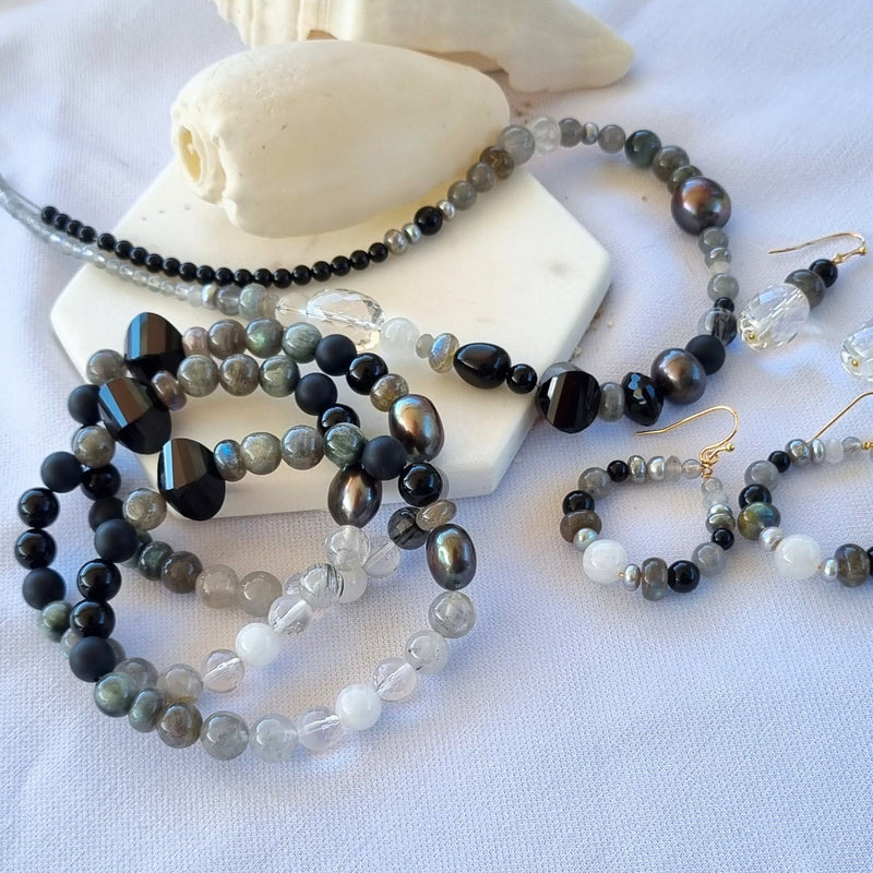 Ebon Onyx, Labradorite, Moonstone, Quartz & Pearl Necklace