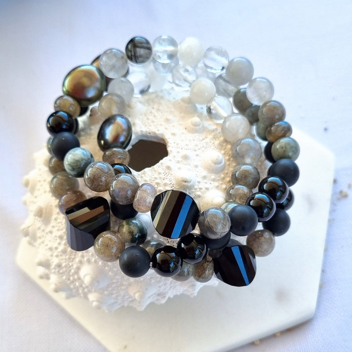 Ebon Onyx, Labradorite, Moonstone, Quartz & Pearl Necklace