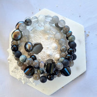 Ebon Onyx, Labradorite, Moonstone & Pearl Hoop Earrings