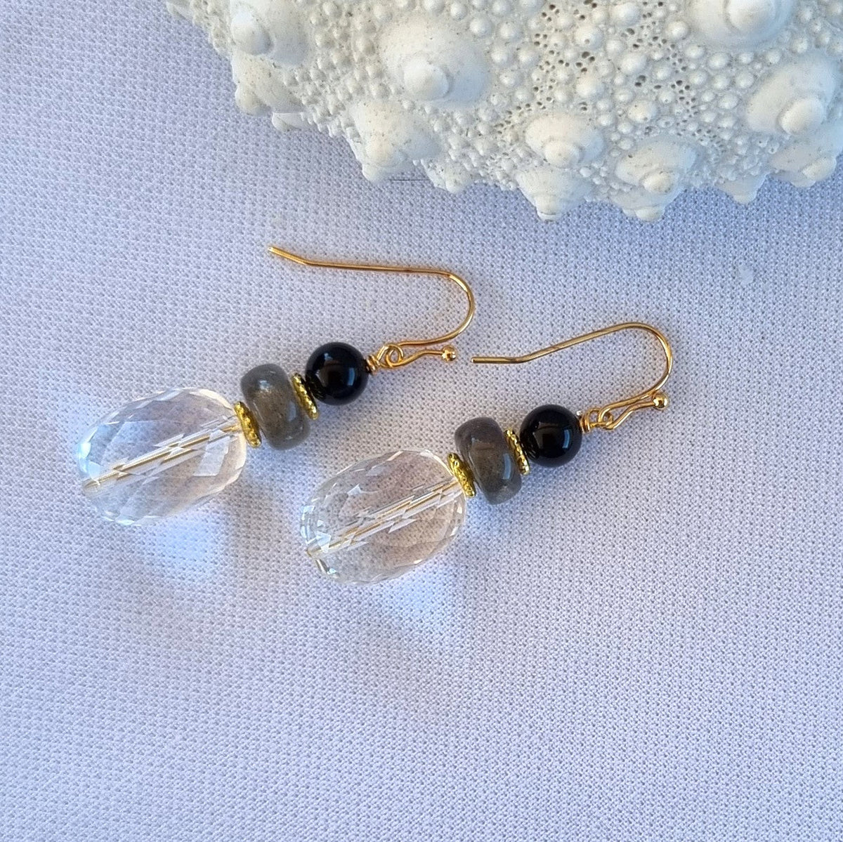 Ebon Onyx, Labradorite, Moonstone & Pearl Hoop Earrings