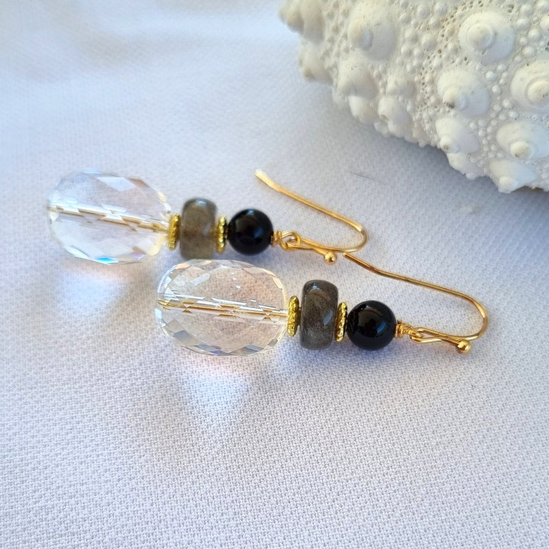 Ebon Onyx, Labradorite, Moonstone & Pearl Hoop Earrings