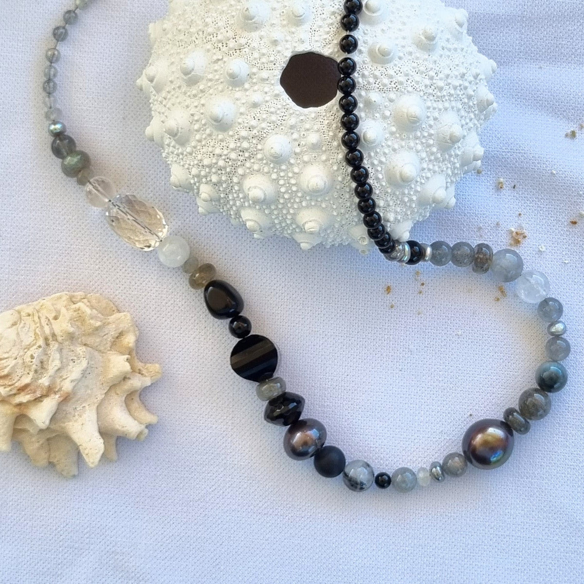 Ebon Onyx, Labradorite, Moonstone, Quartz & Pearl Necklace