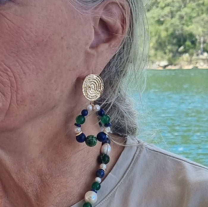 Izabella Lapis Lazuli, Pearl, Green Onyx & Jasper Stud earrings LAST PAIR