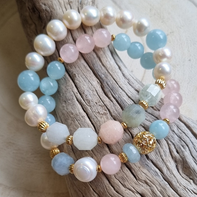 Bea Aquamarine, Rose Quartz, Morganite, Amazonite & Freshwater Pearl bracelets