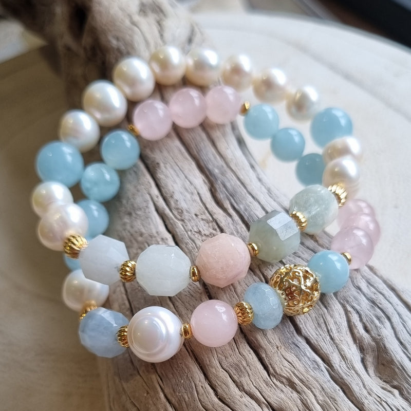 Bea Aquamarine, Rose Quartz, Morganite, Amazonite & Freshwater Pearl bracelets