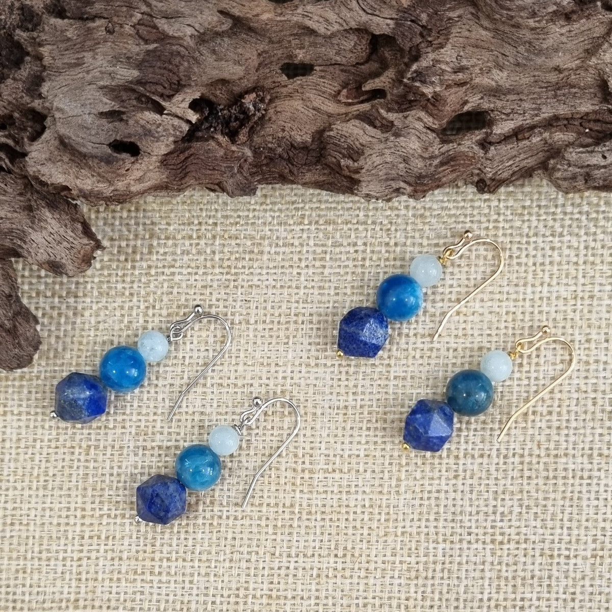 Azure Aquamarine, Apatite and Lapis Drop Earrings