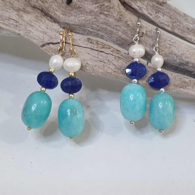 Vena Freshwater Pearl, Lapis Lazuli and Amazonite Earrings