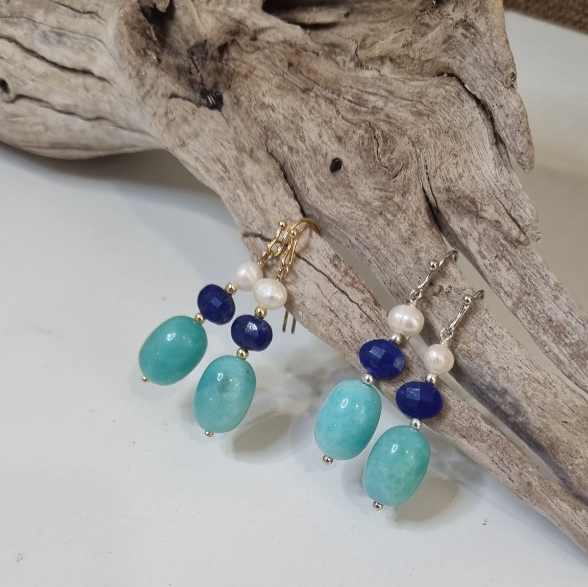 Vena Freshwater Pearl, Lapis Lazuli and Amazonite Earrings