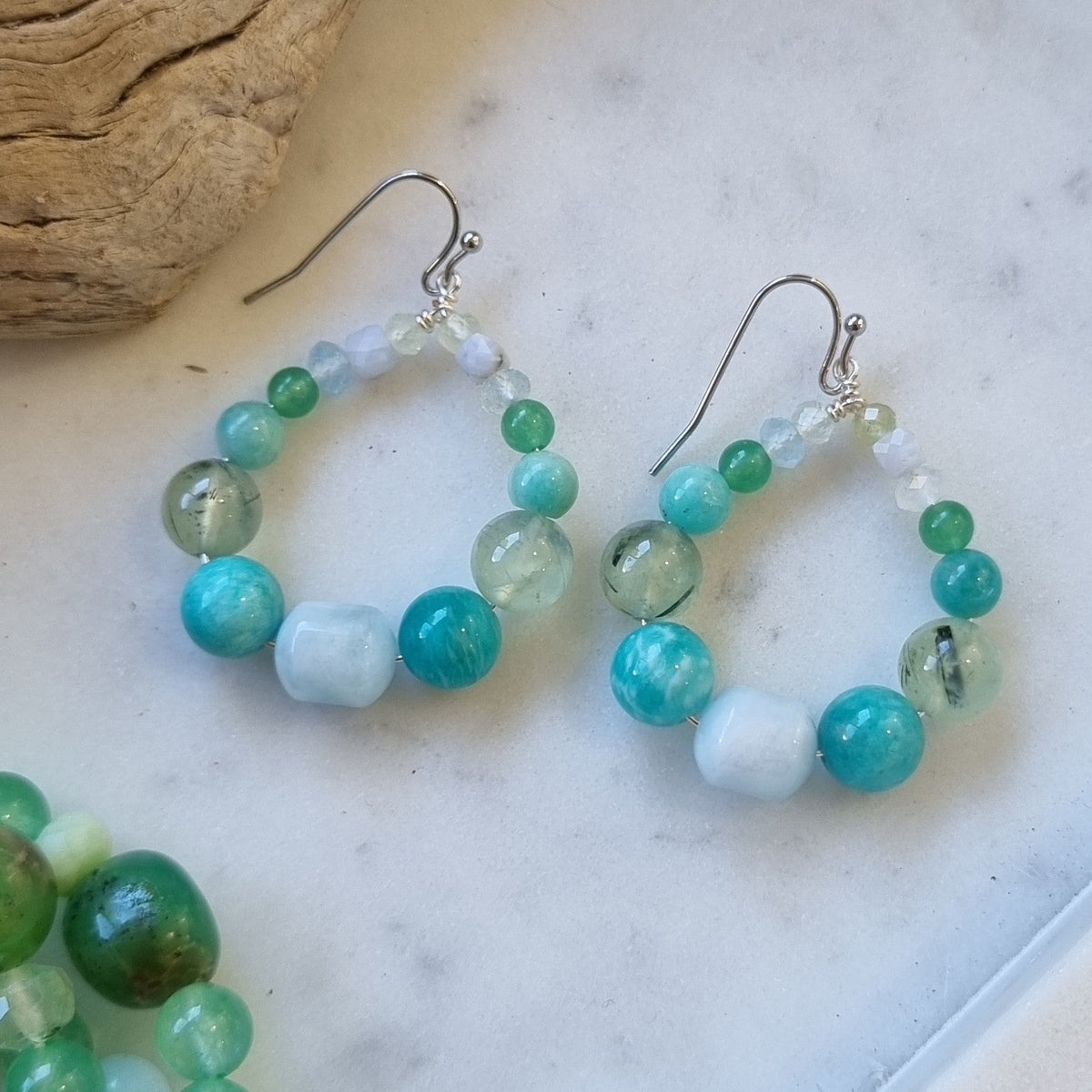 Verdi Amazonite, Prehnite, Aquamarine and Blue Lace Agate Earrings