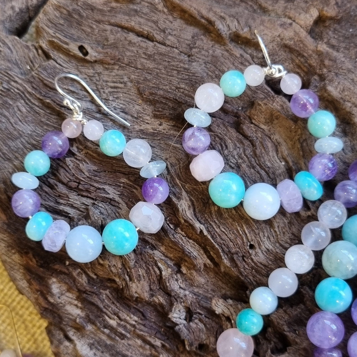 Acqua Aquamarine, Amazonite, Rose Quartz Amethyst Hoop Earrings