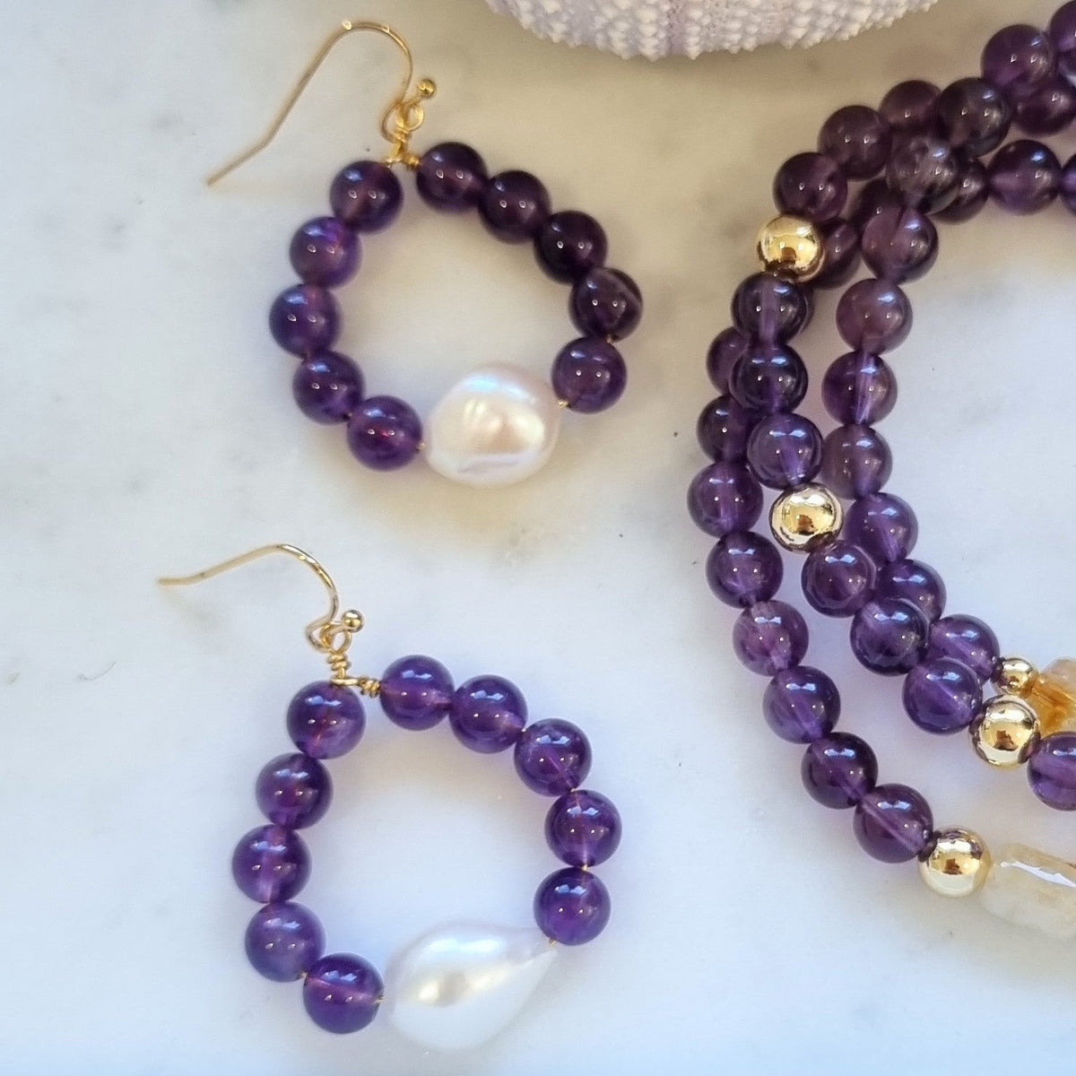 Nina Amethyst & Freshwater Pearl drop Earrings