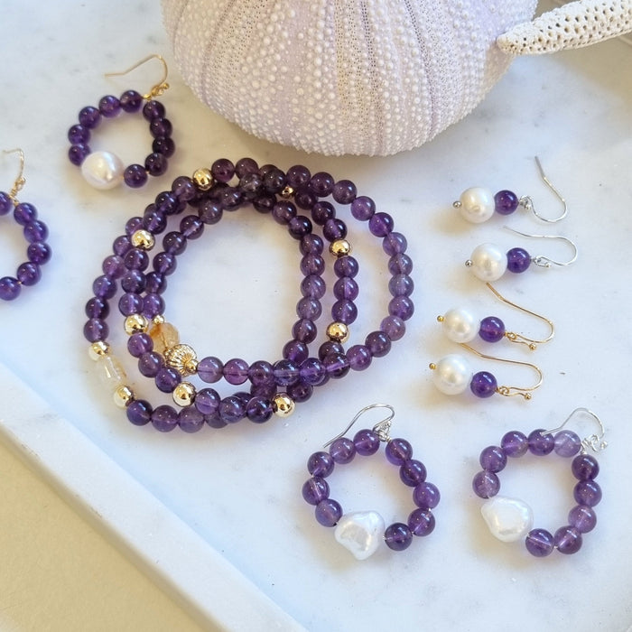 Nina Amethyst & Freshwater Pearl Hoop Earrings