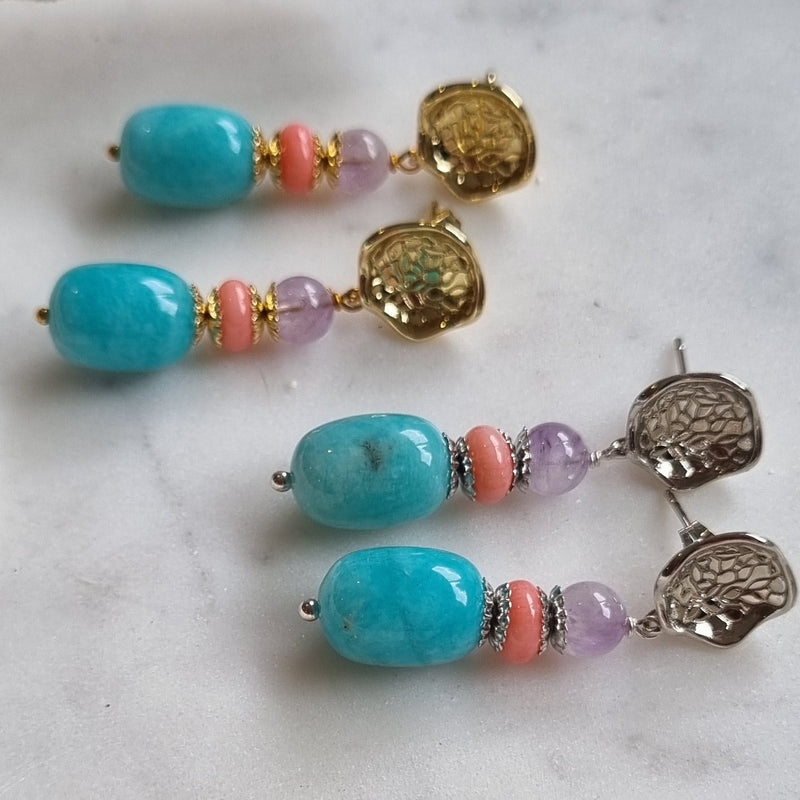 Calliope Amazonite, Coral and Amethyst Earrings