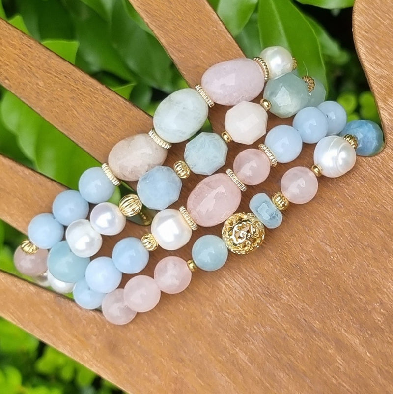 Bea Aquamarine, Rose Quartz, Morganite, Amazonite & Freshwater Pearl bracelets