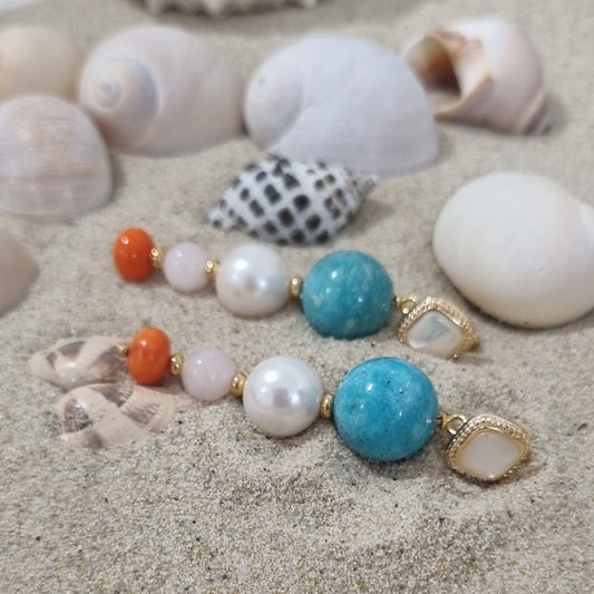 Prego Amazonite, Pearl, Rose, Quartz and Coral Earrings