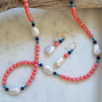 Corail Apricot Coral, Lapis, Turquoise and Pearl Earrings