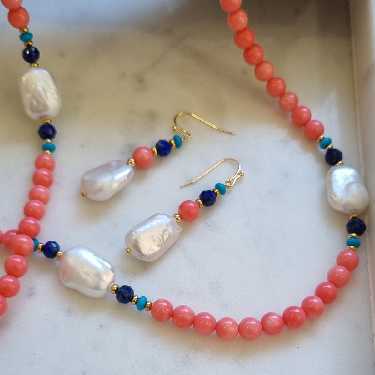 Corail Apricot Coral, Lapis, Turquoise and Pearl Necklace