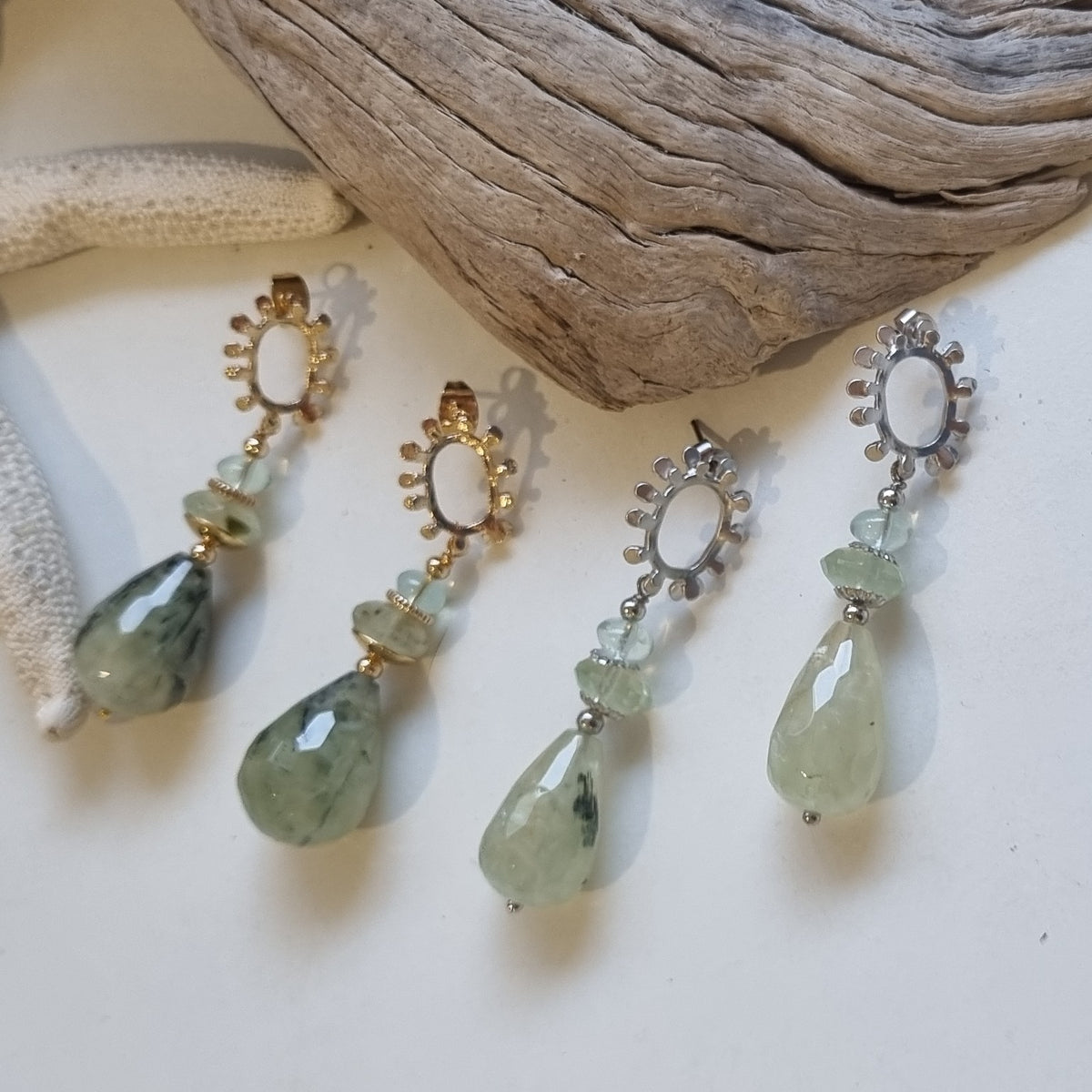 Goddess Prehnite, Green Fluorite Gold or Platinum Earrings