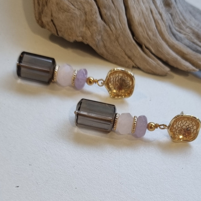 Dakota Smokey, Rose Quartz and Amethyst Earrings