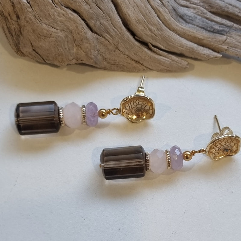 Dakota Smokey, Rose Quartz and Amethyst Earrings