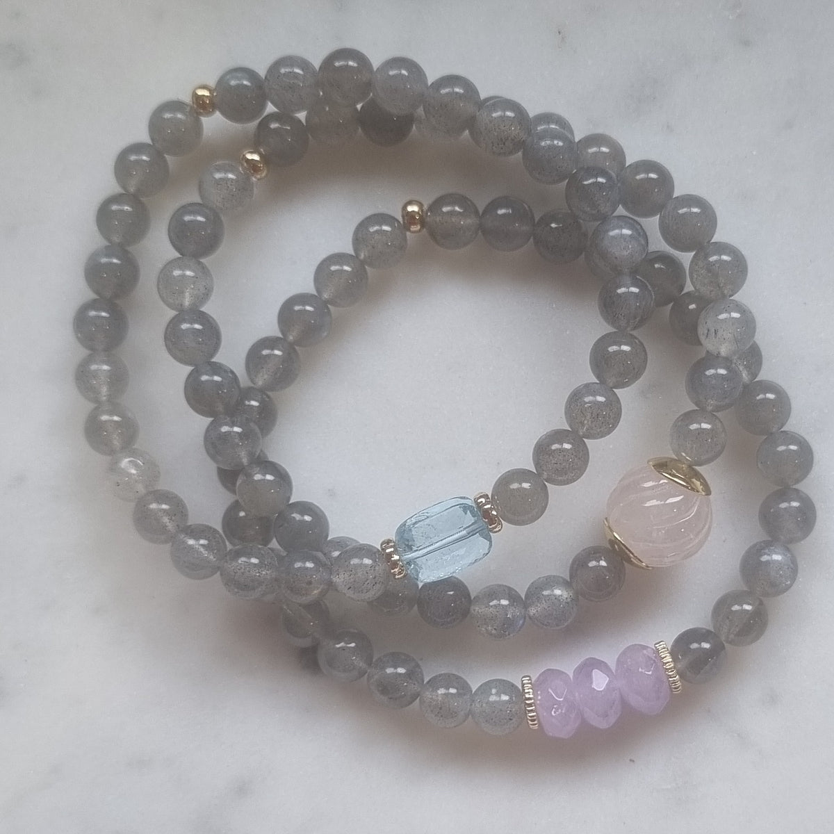 Deva Labradorite Bracelets Blue Topaz, Rose Quartz or Amethyst