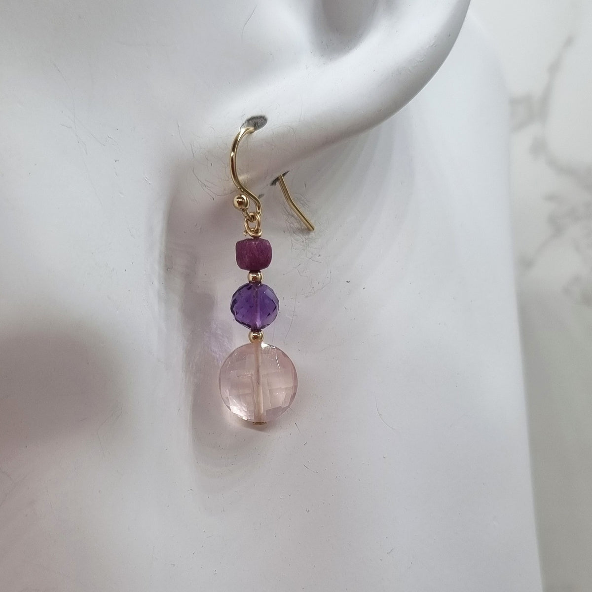 Bespoke Rose Quartz, Amethyst and Ruby Gold Filled Earrings