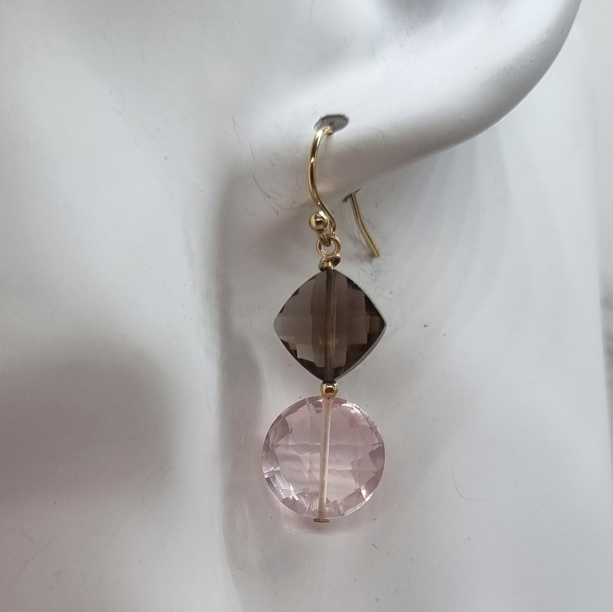 Bespoke Smokey Quartz and Rose Quartz Asymetrical Gold Filled Earrings