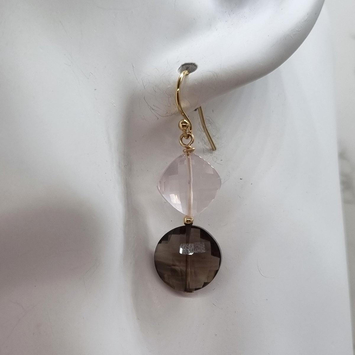 Bespoke Smokey Quartz and Rose Quartz Asymetrical Gold Filled Earrings