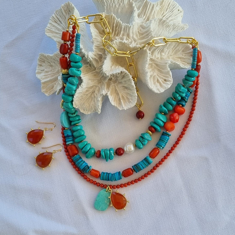 Estadio Turquoise, Coral and Carnelian Necklace