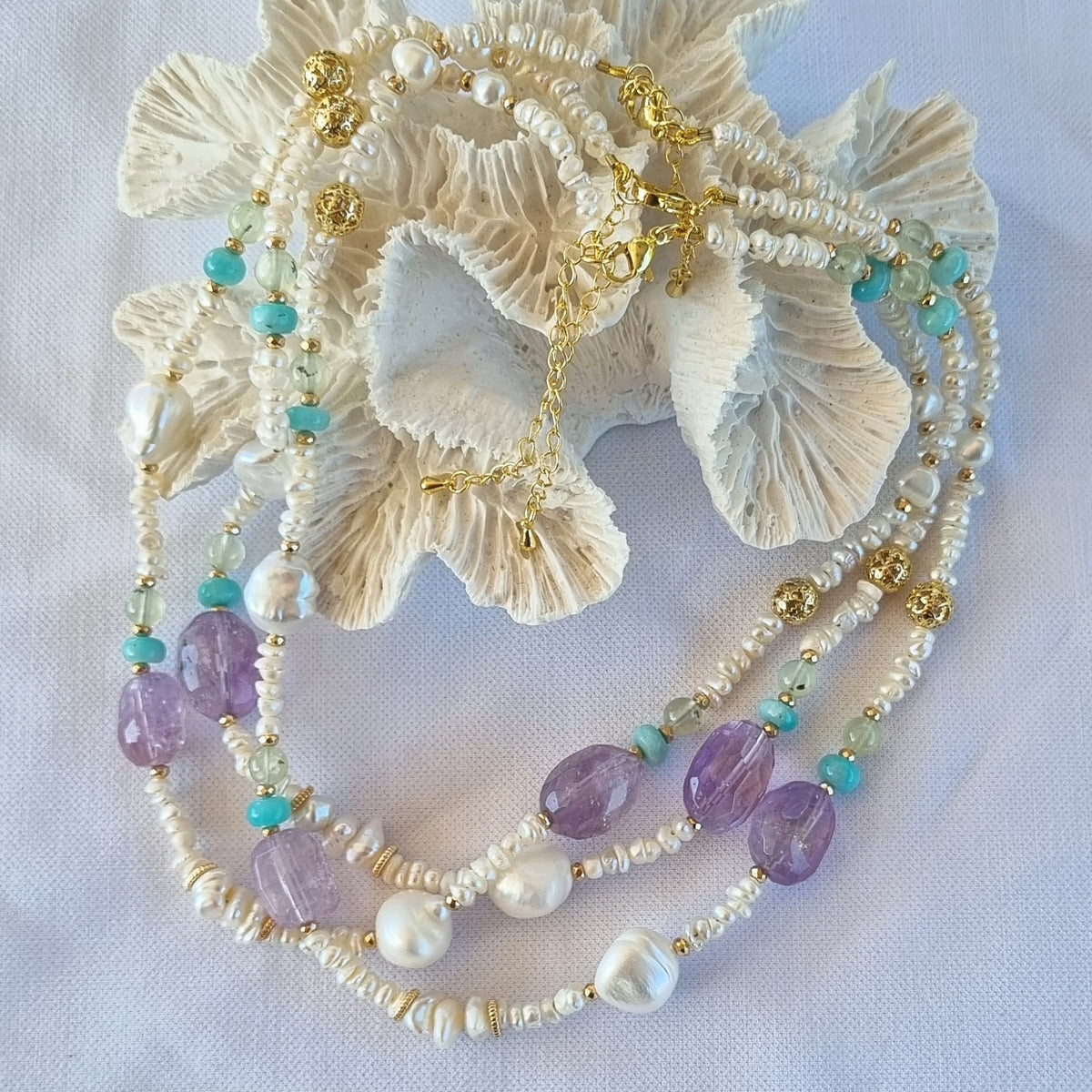 Cape Keshi Pearl, Amethyst, Amazonite and Prehnite Necklace