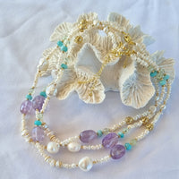 Cape Keshi Pearl, Amethyst, Amazonite and Prehnite Necklace