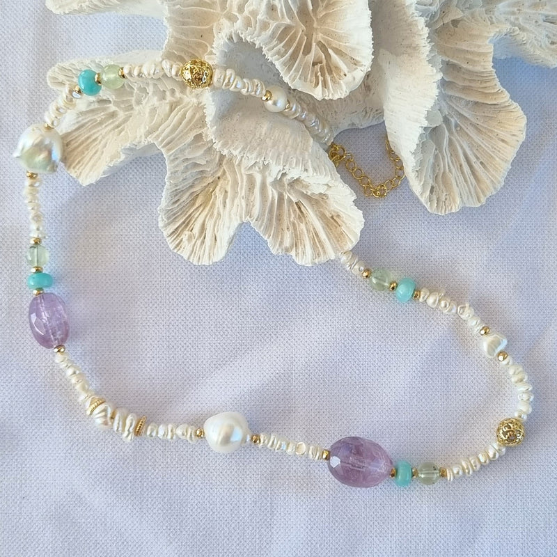 Cape Keshi Pearl, Amethyst, Amazonite and Prehnite Necklace