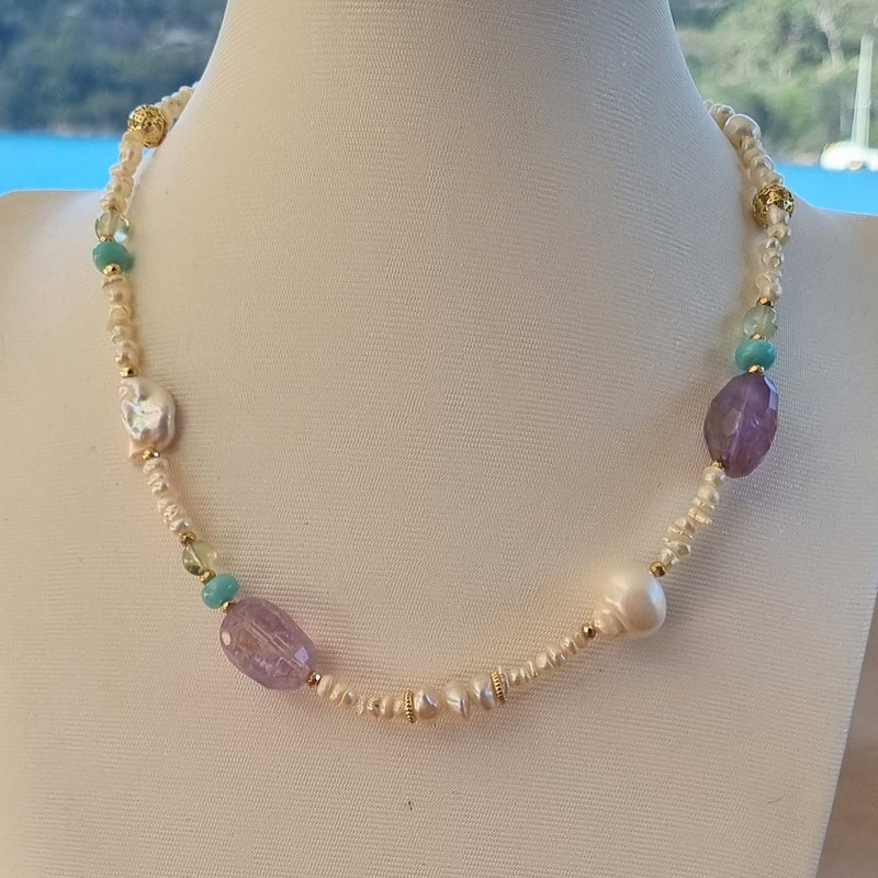 Cape Keshi Pearl, Amethyst, Amazonite and Prehnite Necklace