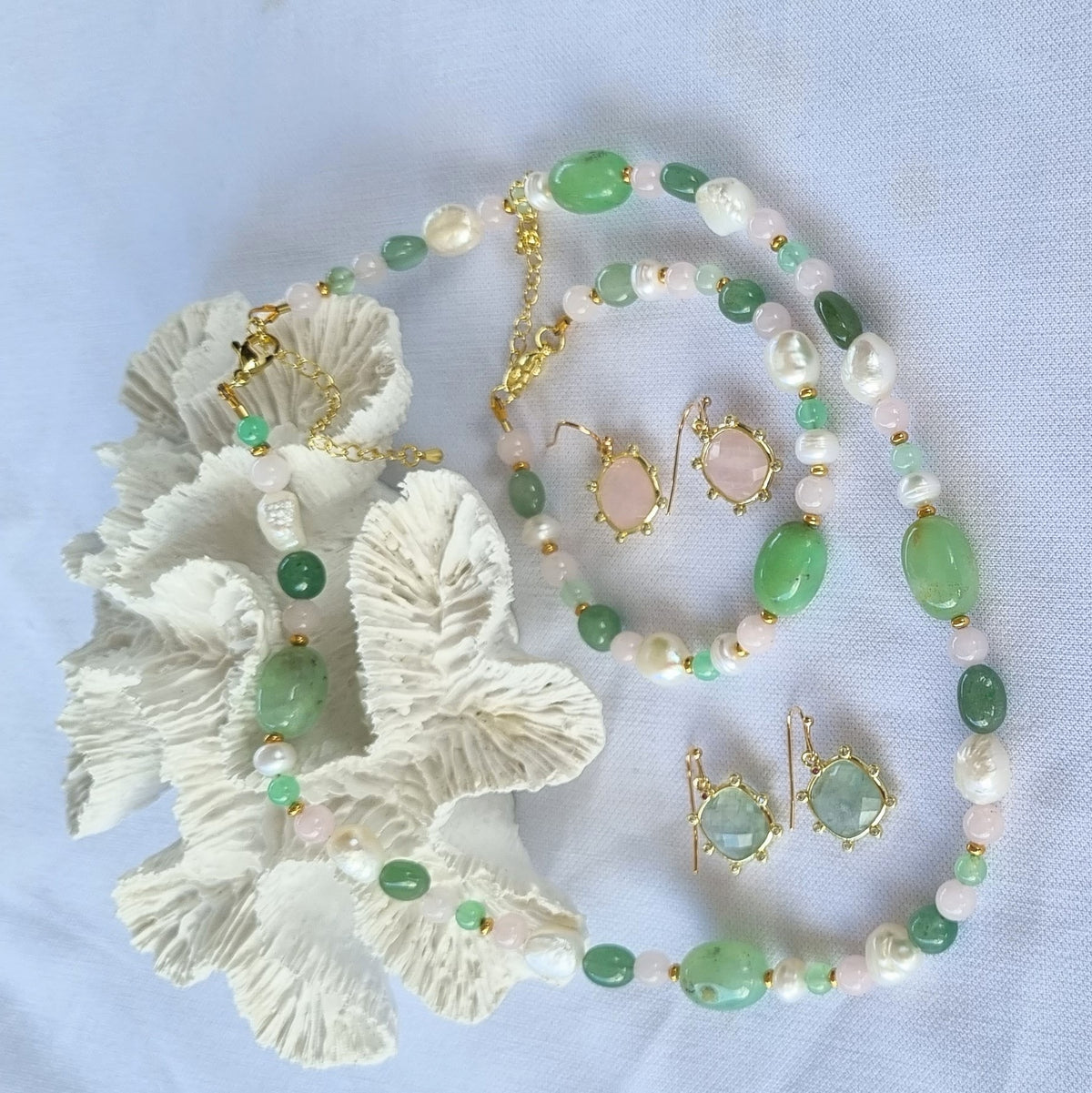 Serenity Chrysophase, Rose Quartz, Green Aventurine and Pearl Bracelet