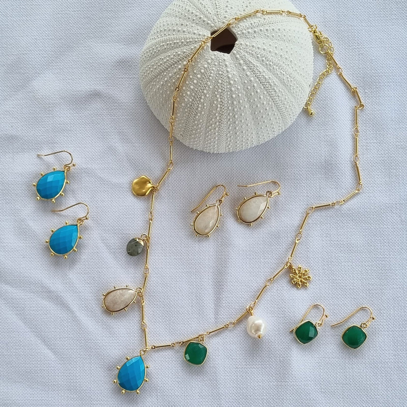 Treasured Charm Turquoise, Moonstone, Green Onyx and Pearl Necklace