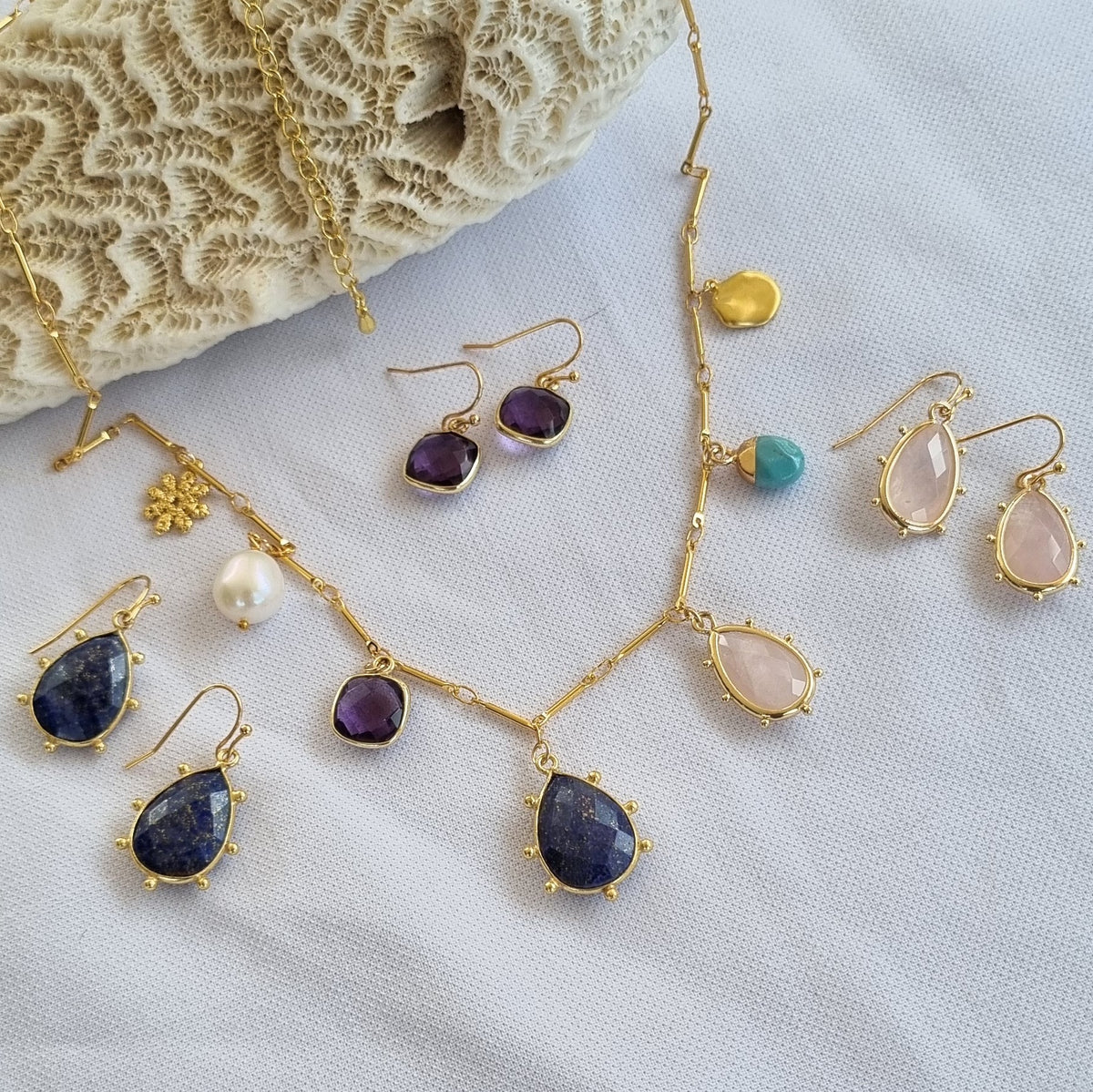 Treasured Charm Lapis Lazuli, Rose Quartz, Amethyst and Pearl Necklace