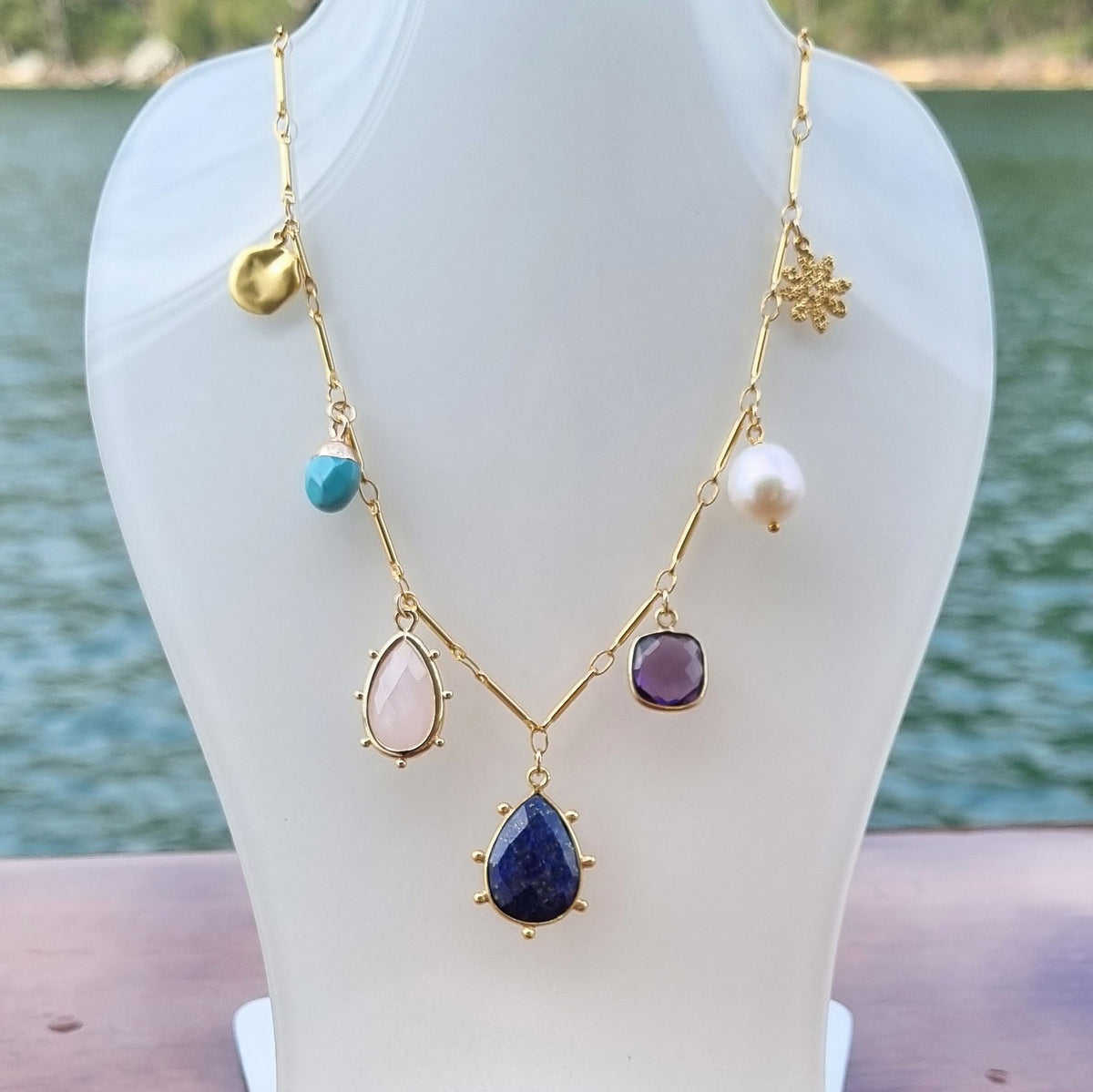 Treasured Charm Lapis Lazuli, Rose Quartz, Amethyst and Pearl Necklace