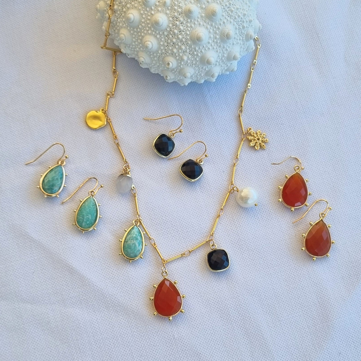 Treasured Charm Carnelian, Amazonite, Onyx and Pearl Necklace