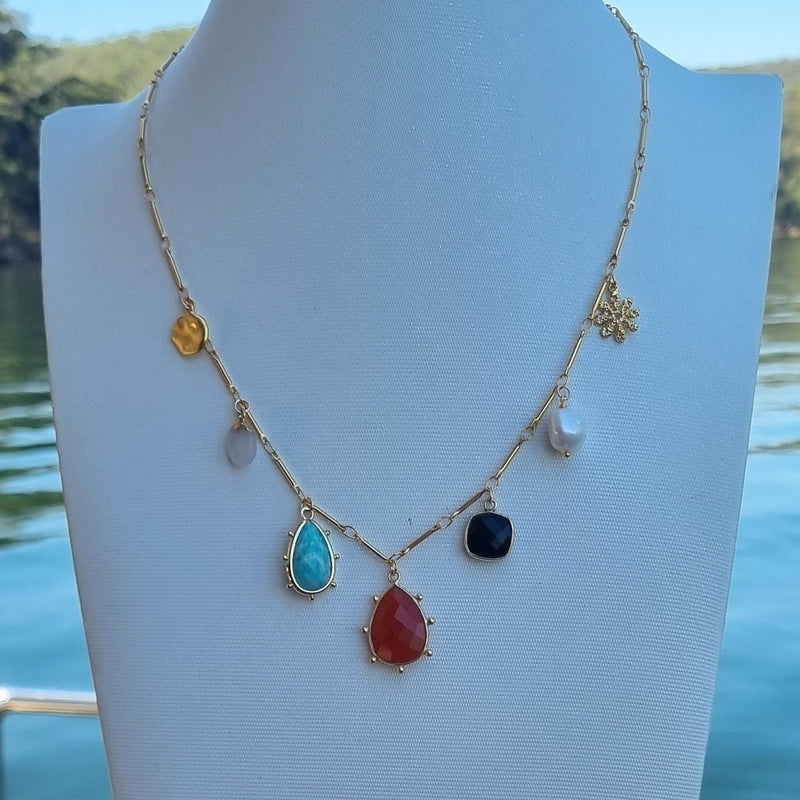 Treasured Charm Carnelian, Amazonite, Onyx and Pearl Necklace