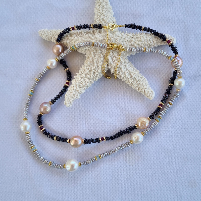 Pacifica Keshi Pearl and Ruby Necklace