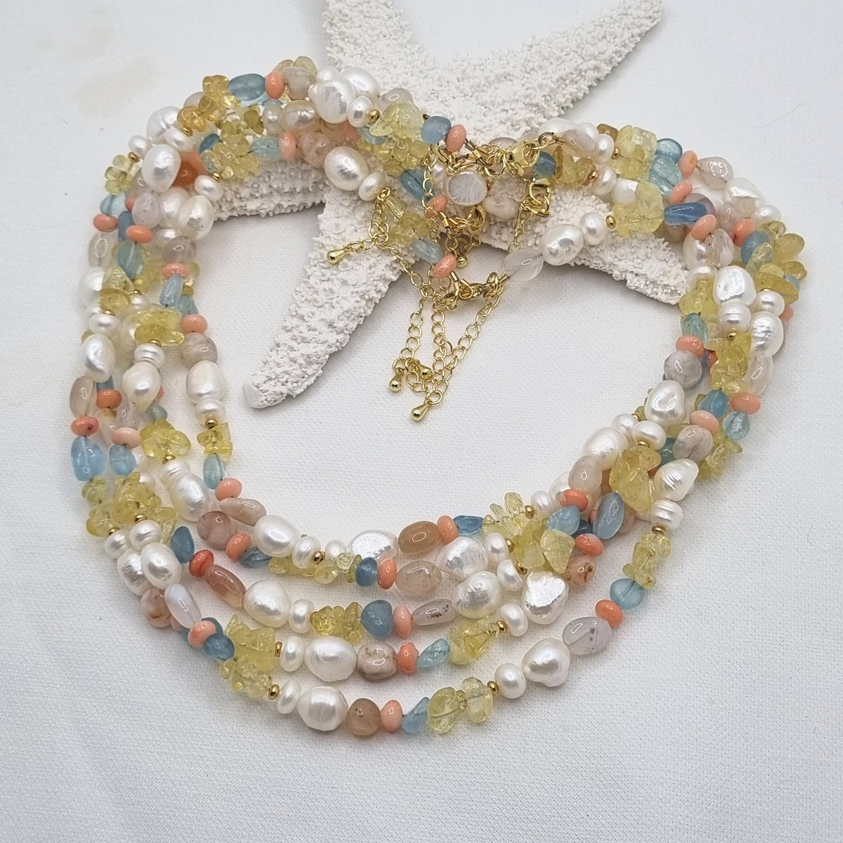 Serenity Citrine, Aquamarine, Coral and Pearl Necklace