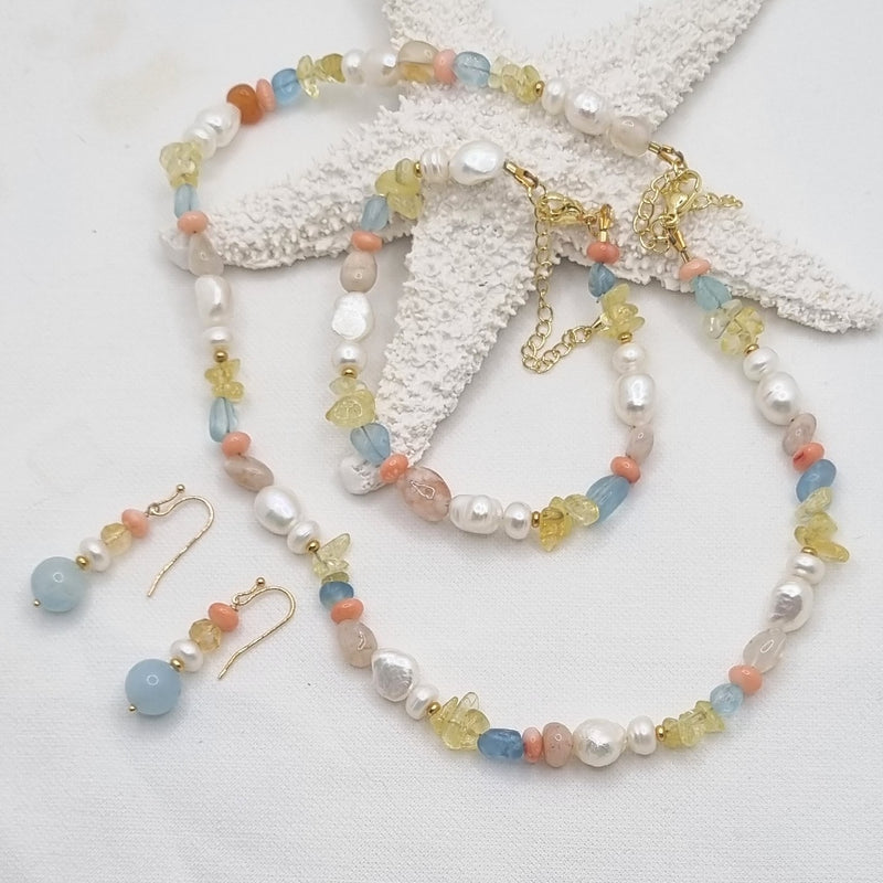 Serenity Citrine, Aquamarine, Coral and Pearl Necklace