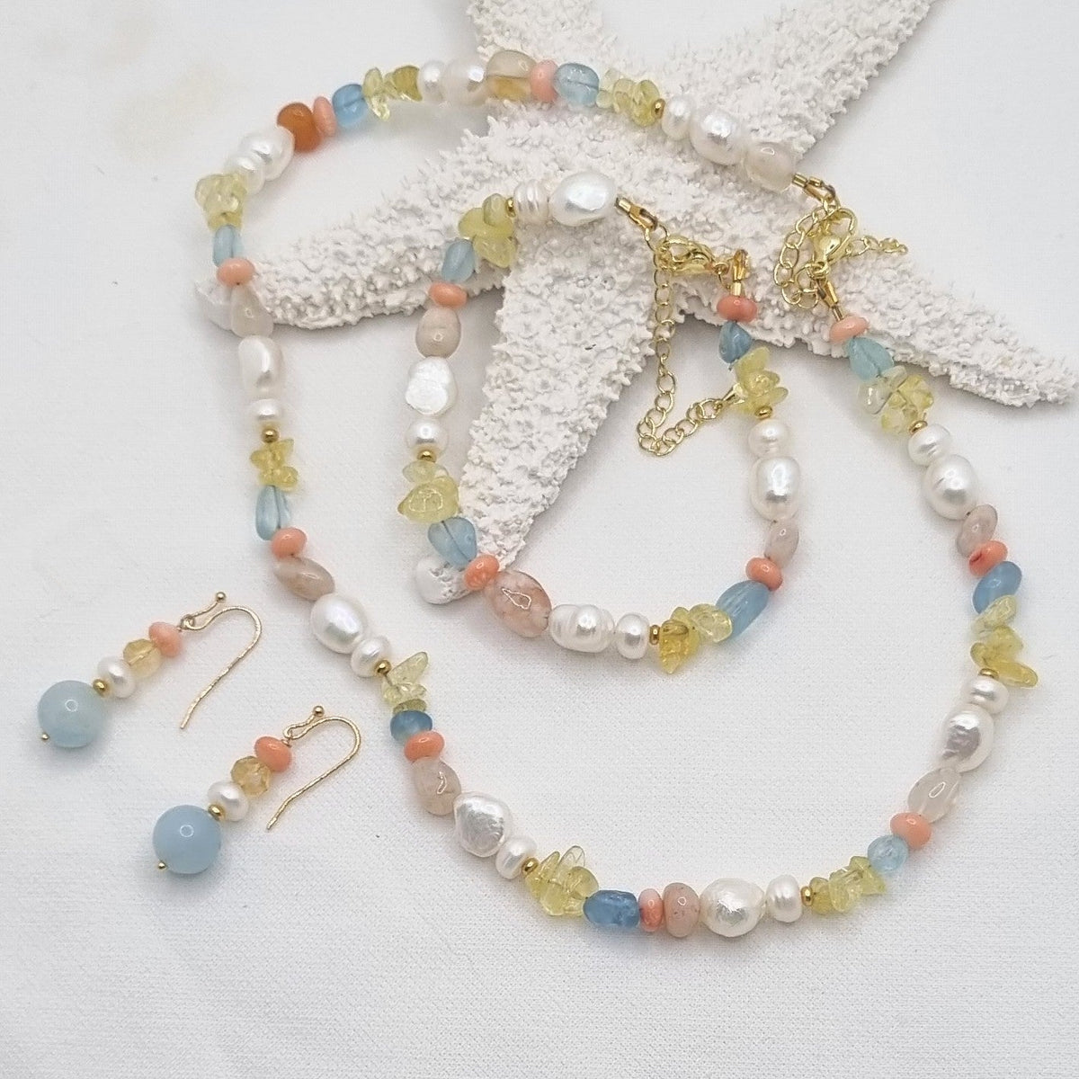 Serenity Citrine, Aquamarine, Coral and Pearl Bracelet